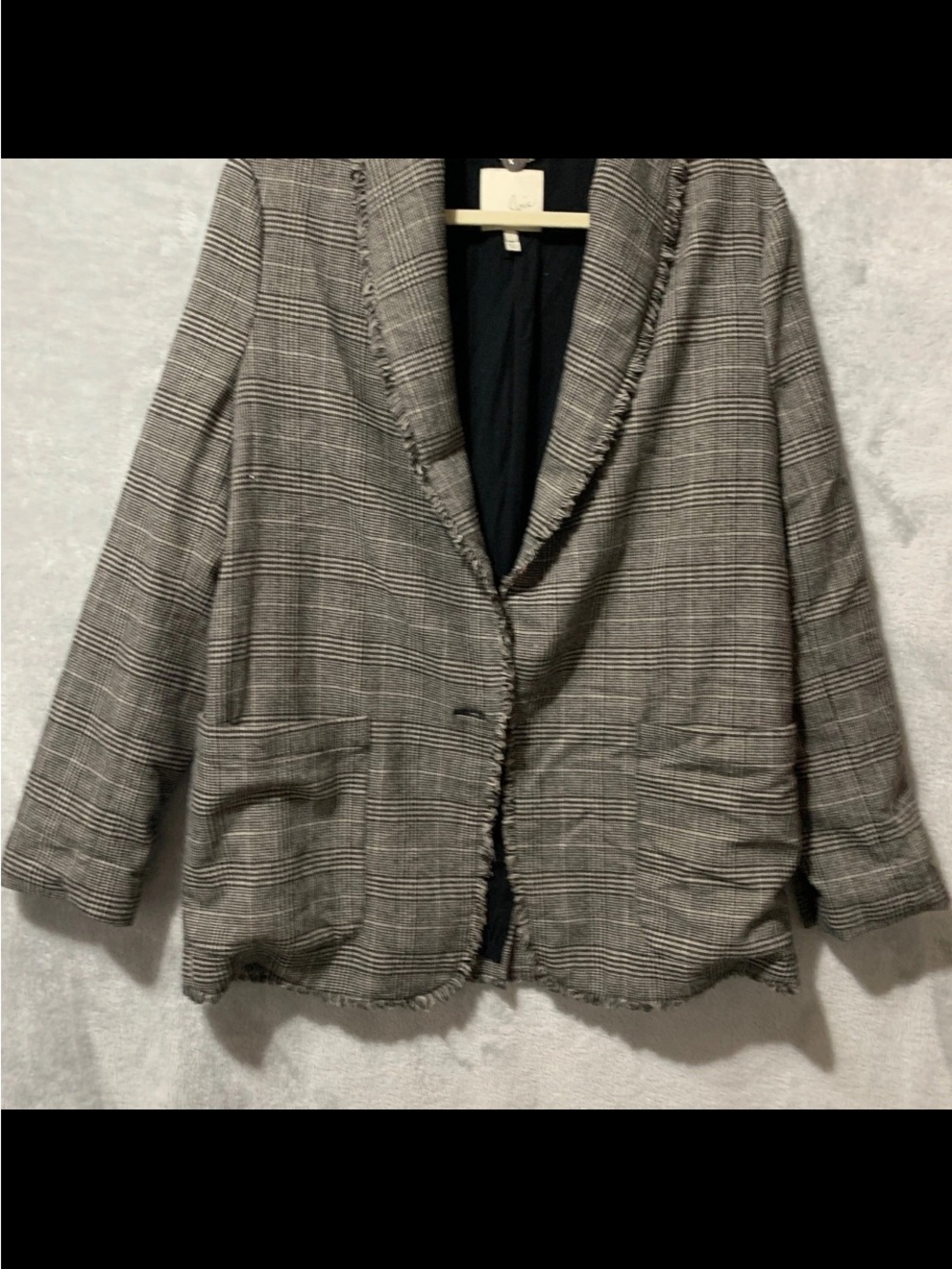 Joie Gray Plaid Fringe-Trim Open Blazer